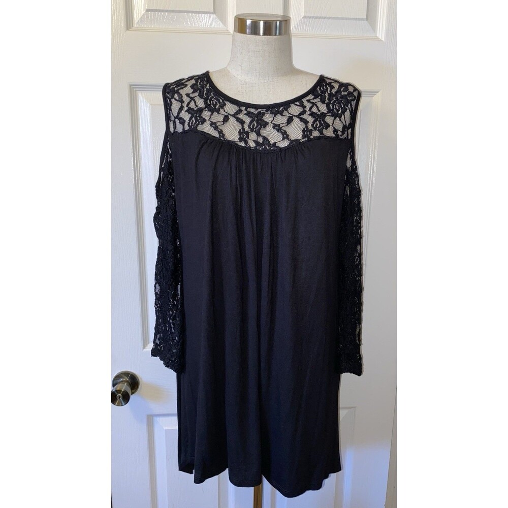 Notations Black Lace Cold Shoulder 3/4 Sleeve Round Neck Flowy Mini Dress Size L